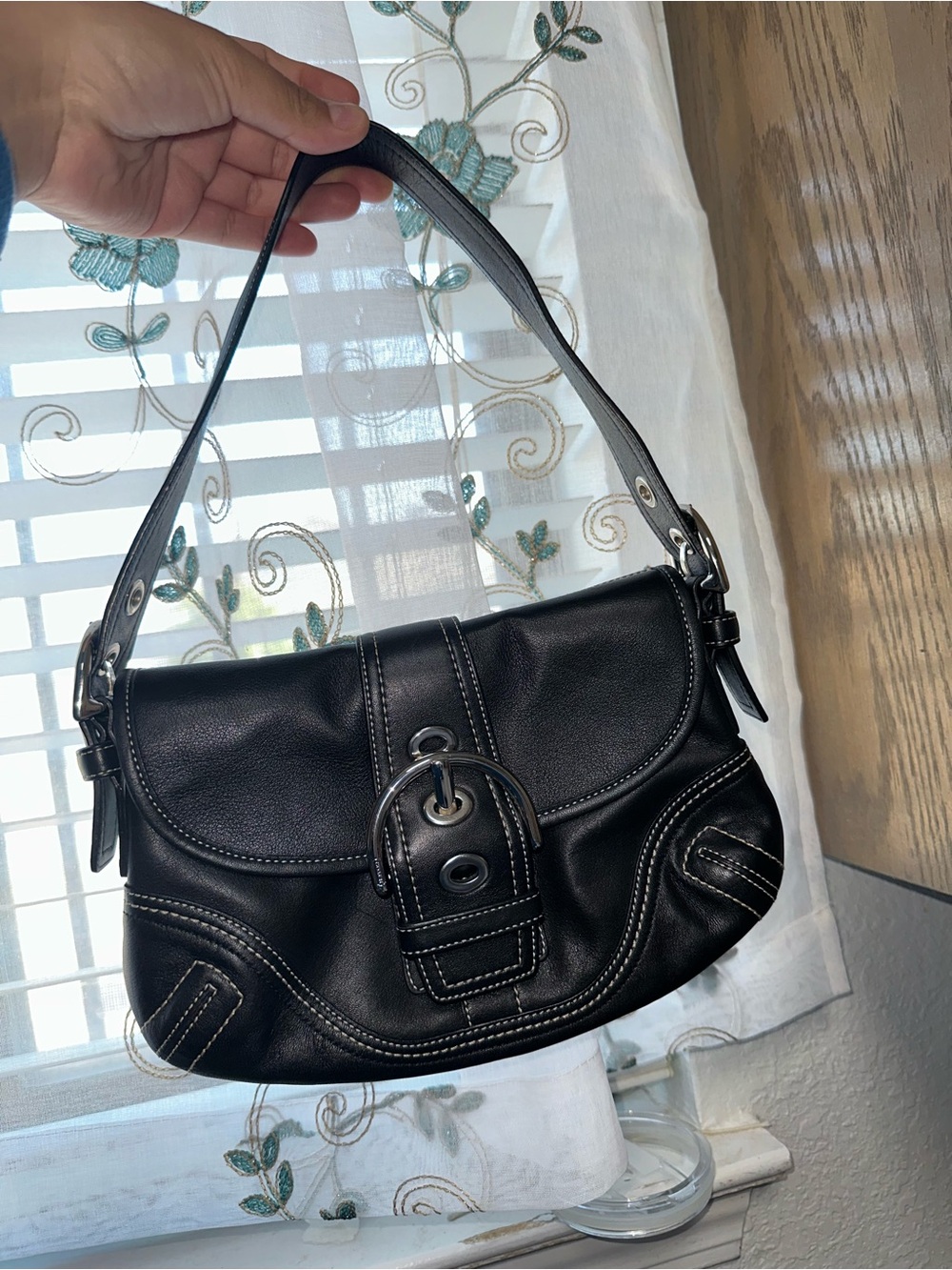 Coach Black Leather Shoulder Bag with Buckle Accent